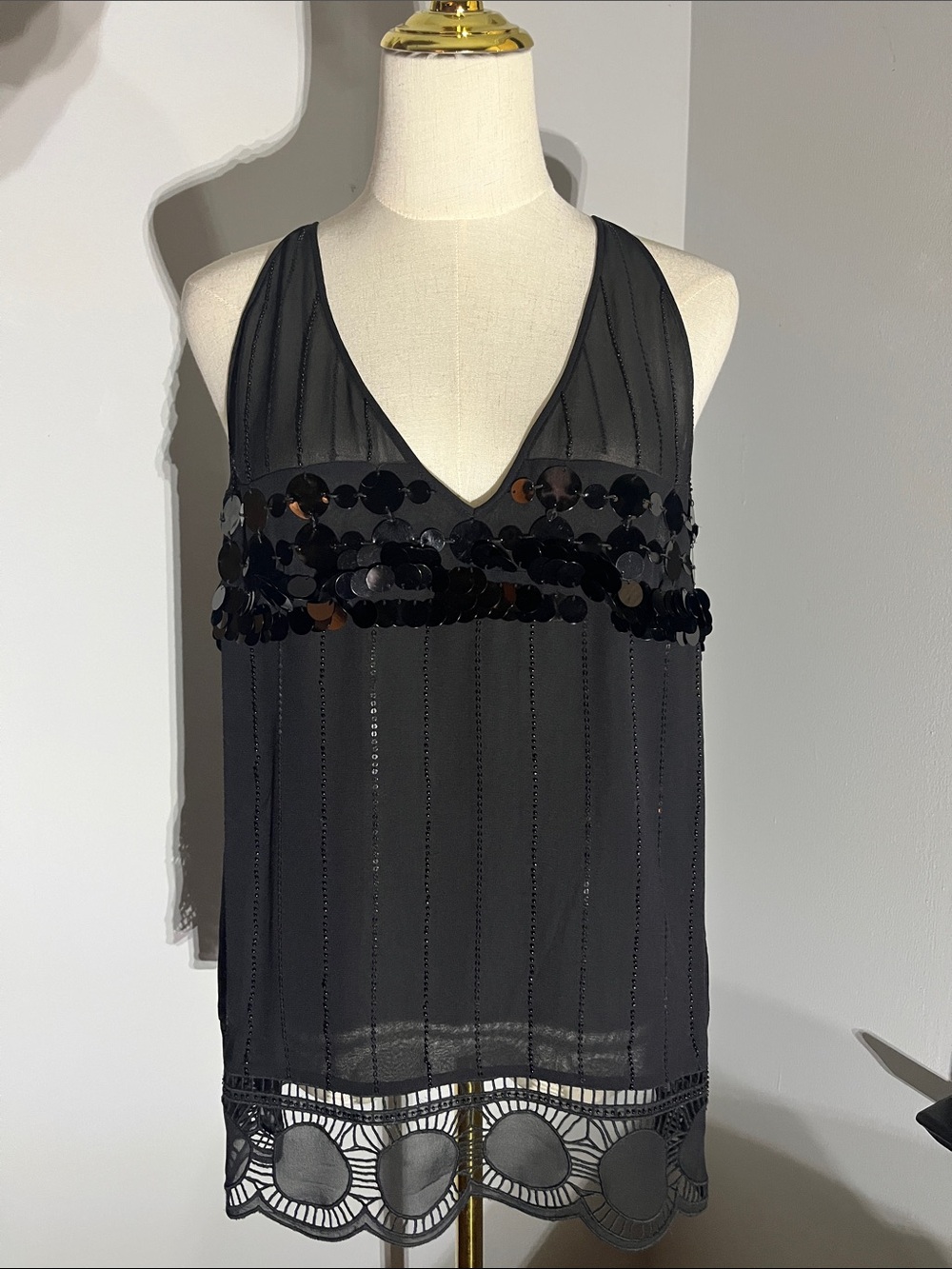 Leifsdottir Black Sequined V-Neck Sleeveless Top - Size 14